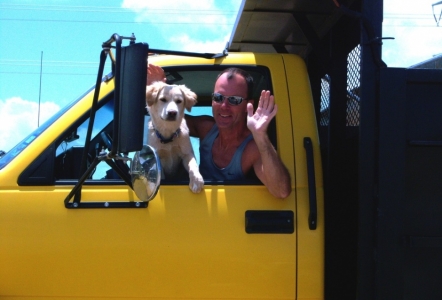 Bruce in one of the dump trucks with Dexter.
