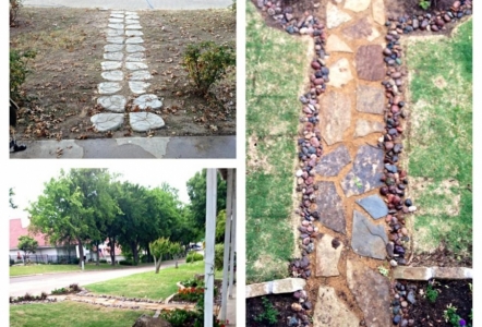 Arizona River Rocks line a walkway of Oklahoma Flagstone and Decomposed Granite