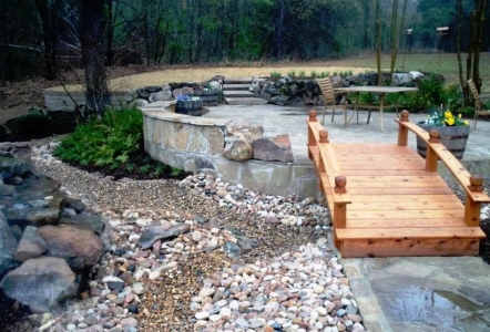 Pleasant water feature and bridge area.