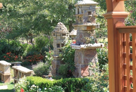 Birdhouses built from stone.